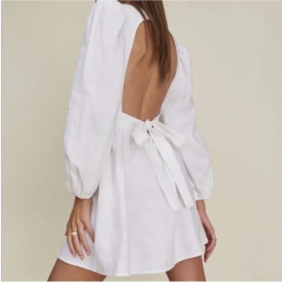 NEW Reformation $248 Brodie Puff Sleeve White Linen Open Back Mini Dress - Picture 2 of 8